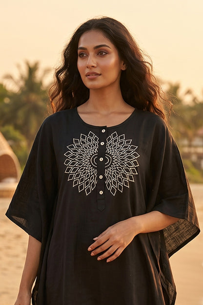 BLACK EMBROIDERED COTTON  KAFTAN - NVK582
