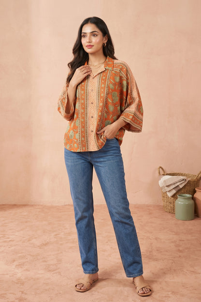 Orange Flair Sleeve Cotton Top-NFT161