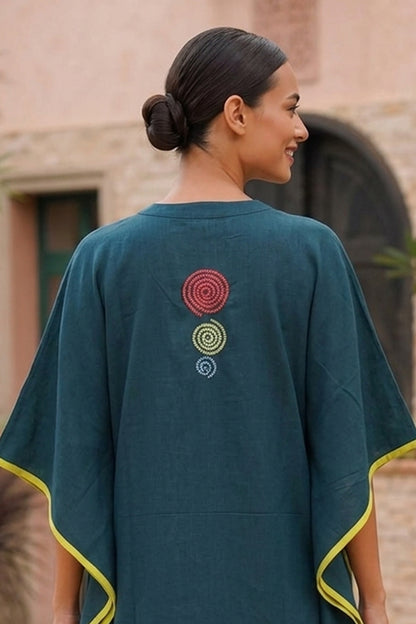 TEAL GREEN EMBROIDERY COTTON KAFTAN - NVK599