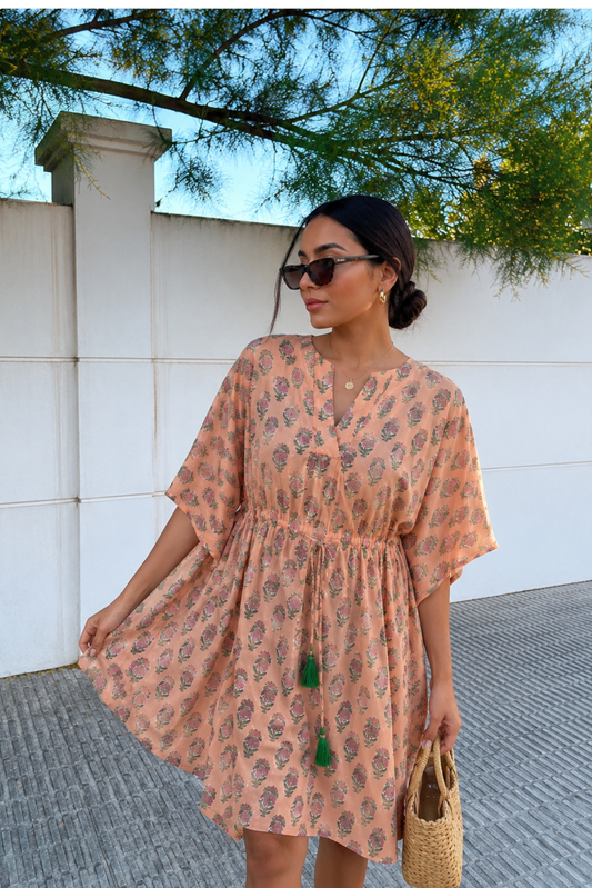 Peach Floral Hand Block Printed Kaftan Dress- NVK583