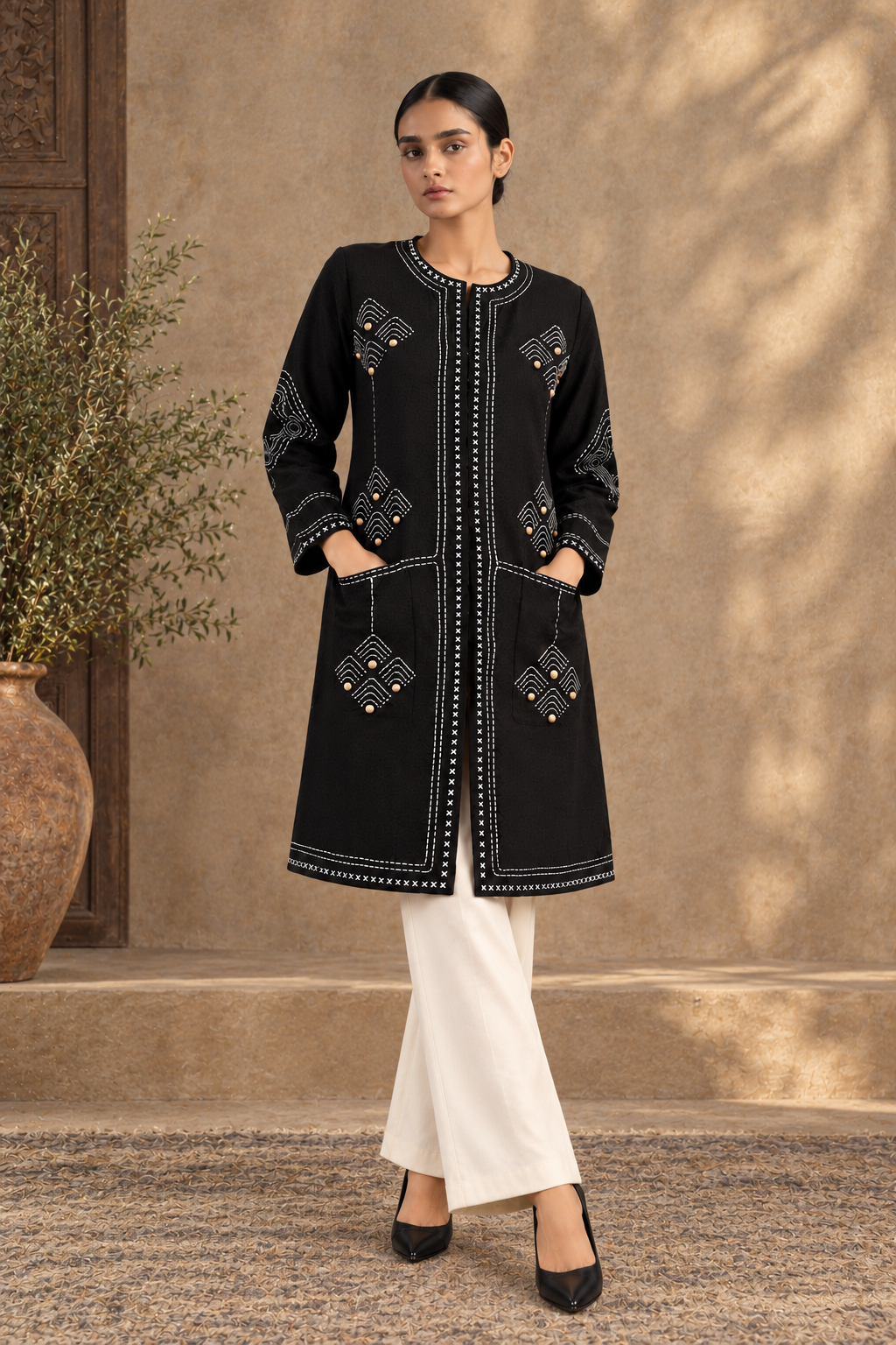 Black Pure Wool Hand-Embroidered Kantha Jacket