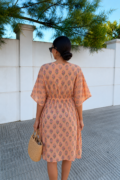 Peach Floral Hand Block Printed Kaftan Dress