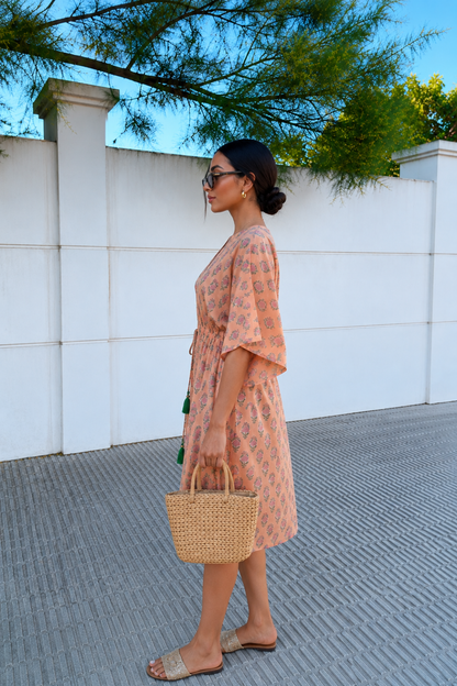 Peach Floral Hand Block Printed Kaftan Dress