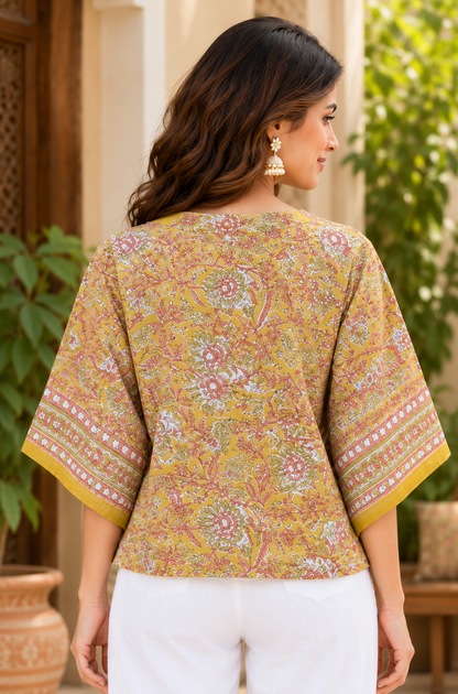 YELLOW COTTON MULMUL FLORAL SHORT KAFTAN