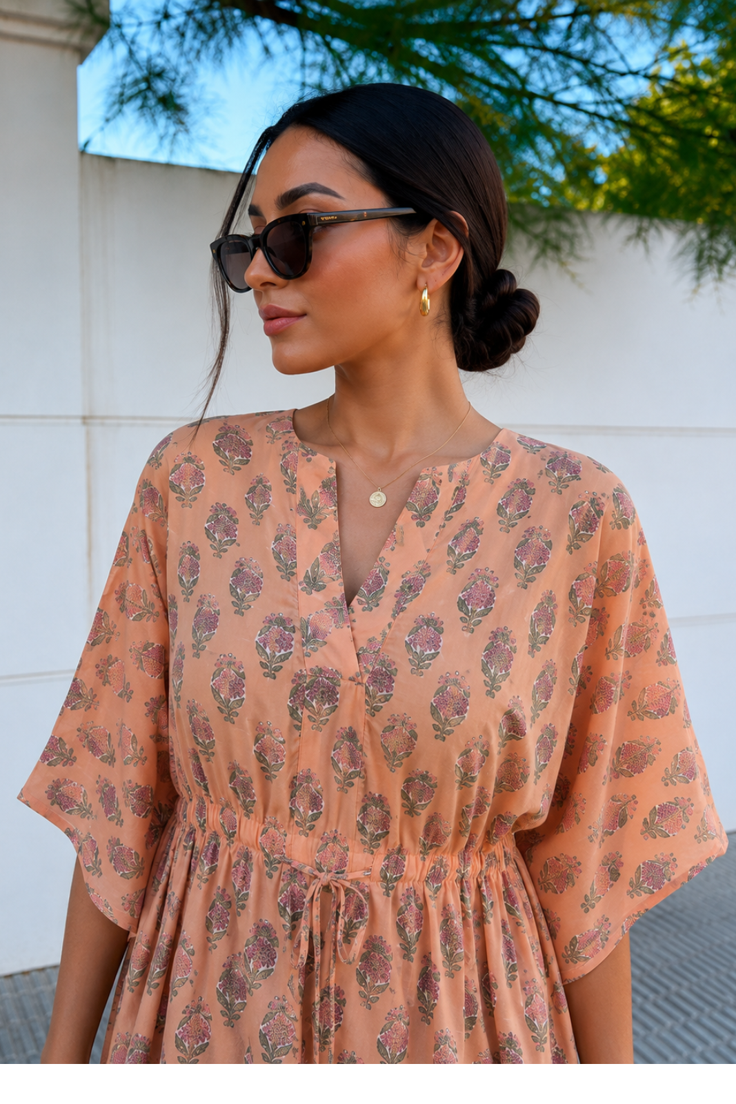 Peach Floral Hand Block Printed Kaftan Dress