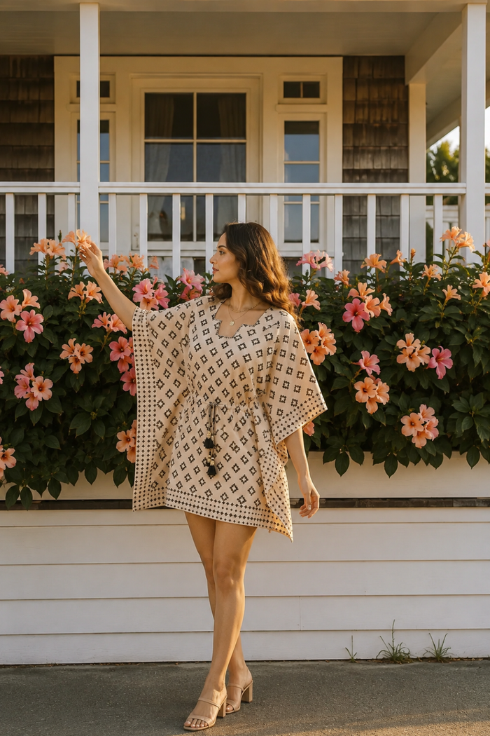 BAGRU BLACK DOT BLOCK PRINT COTTON KAFTAN TOP - NVK589