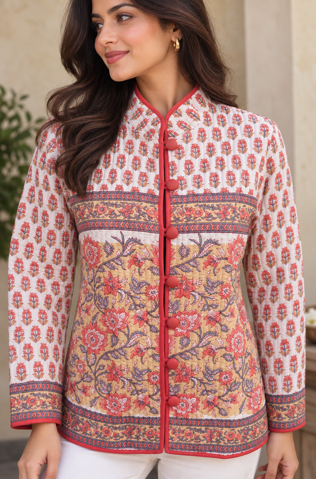 Coral Bloom Block Printed Quilted Jacket-NVQJ678