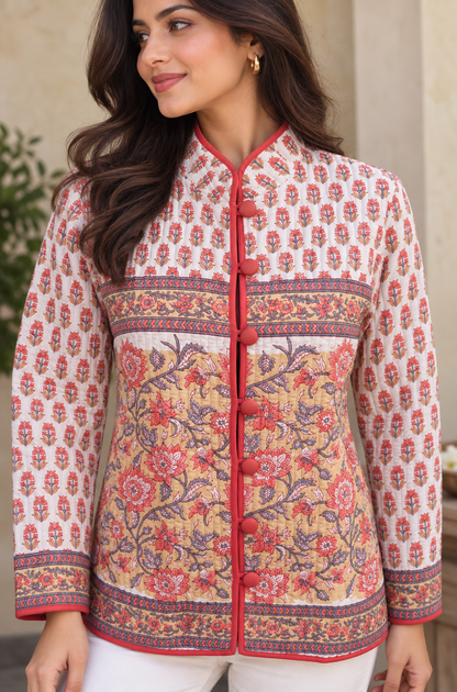 Coral Bloom Block Printed Quilted Jacket-NVQJ678