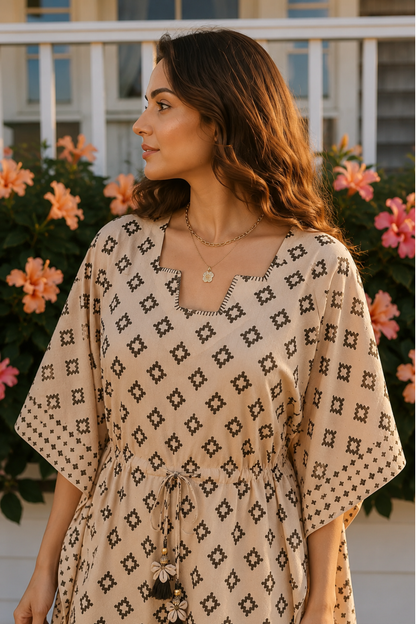 BAGRU BLACK DOT BLOCK PRINT COTTON KAFTAN TOP