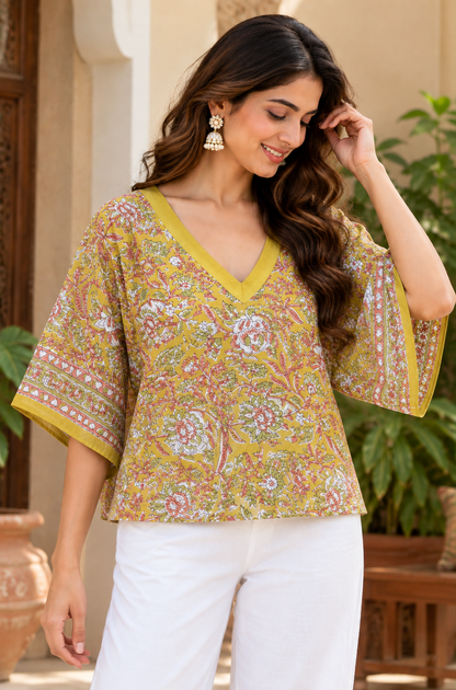 YELLOW COTTON MULMUL FLORAL SHORT KAFTAN