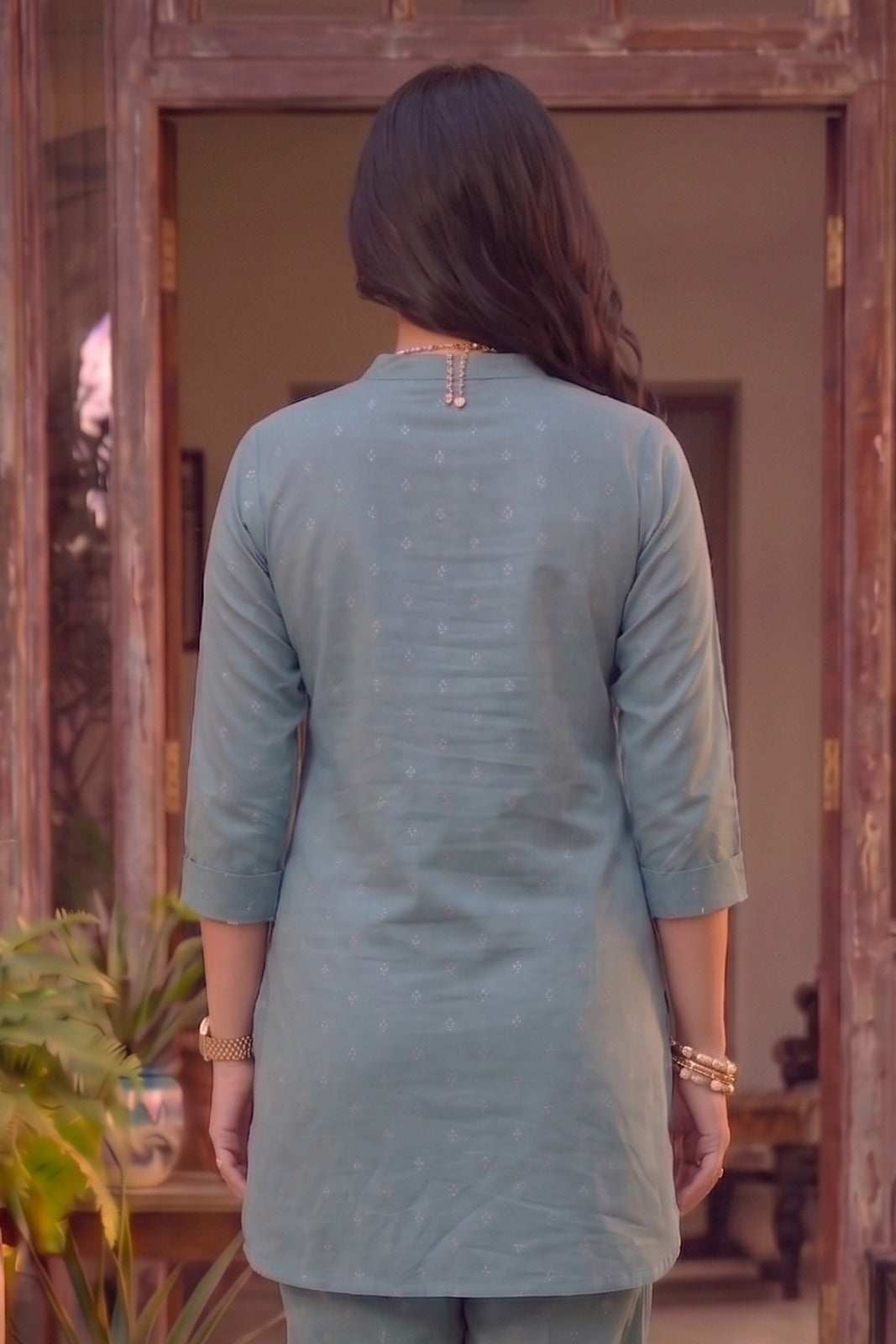 Dusty Aqua Cotton Zari Dobby Co-ord Set-NVCD47