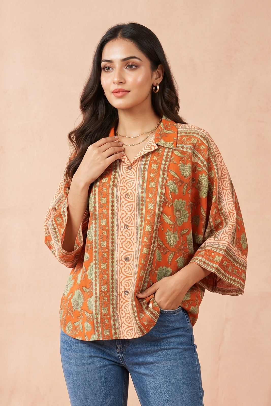 Orange Flair Sleeve Cotton Top-NFT161