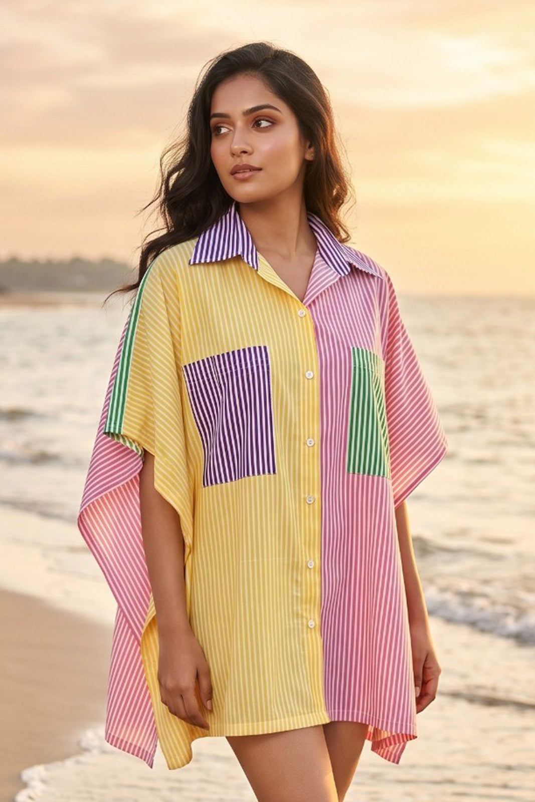 MULTI-COLOR BLOCK PRINT COTTON KAFTAN TOP - NVK576