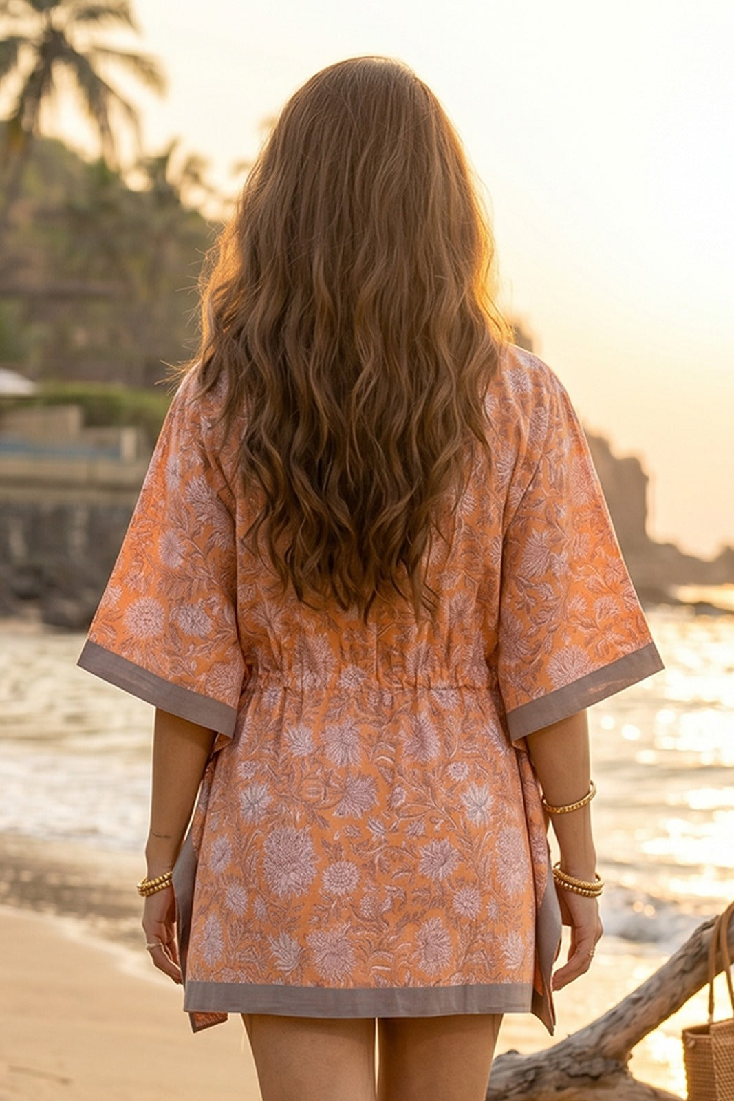 ORANGE WHITE FLORAL BLOCK PRINT COTTON KAFTAN TOP - NVK584