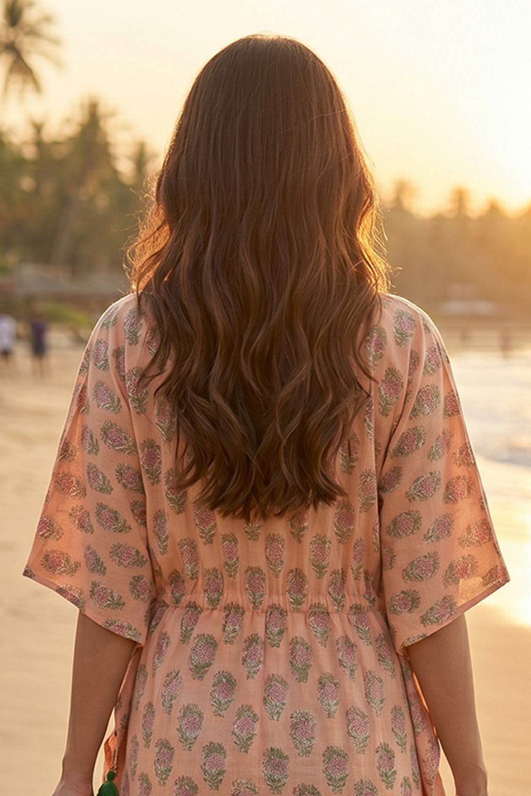 Peach Floral Hand Block Printed Kaftan Dress- NVK583