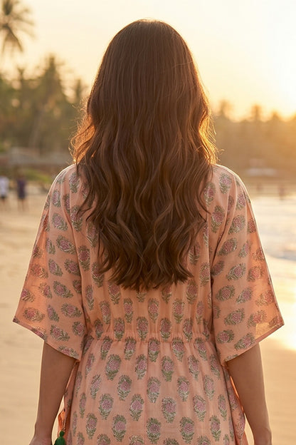 Peach Floral Hand Block Printed Kaftan Dress- NVK583