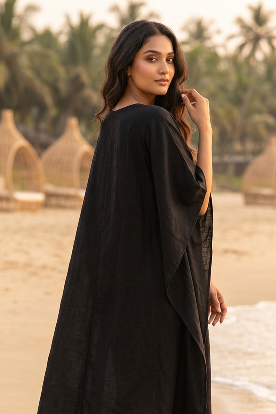 BLACK EMBROIDERED COTTON  KAFTAN - NVK582