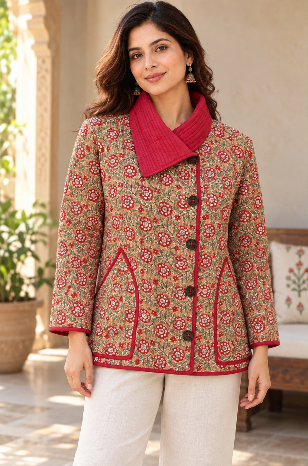 Rust Bloom Quilted Floral Jacket-NVQJ670