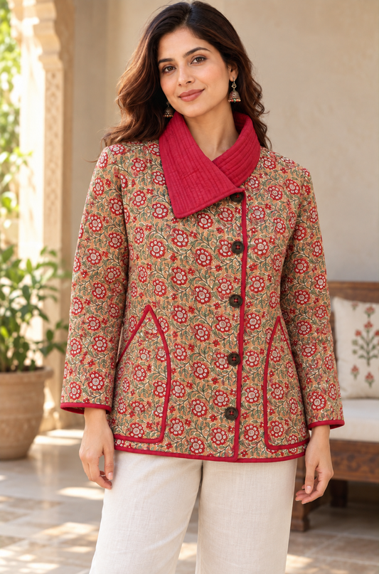 Rust Bloom Quilted Floral Jacket-NVQJ670