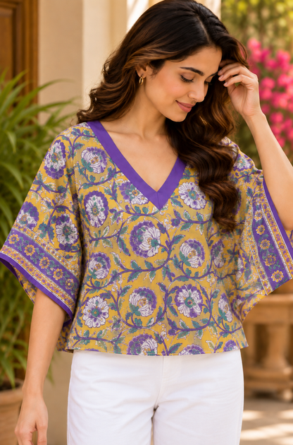 YELLOW PURPLE COTTON MULMUL SHORT KAFTAN