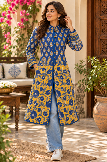Royal Blue & Yellow Hand Block Printed Belted Jacket-NVQJ679