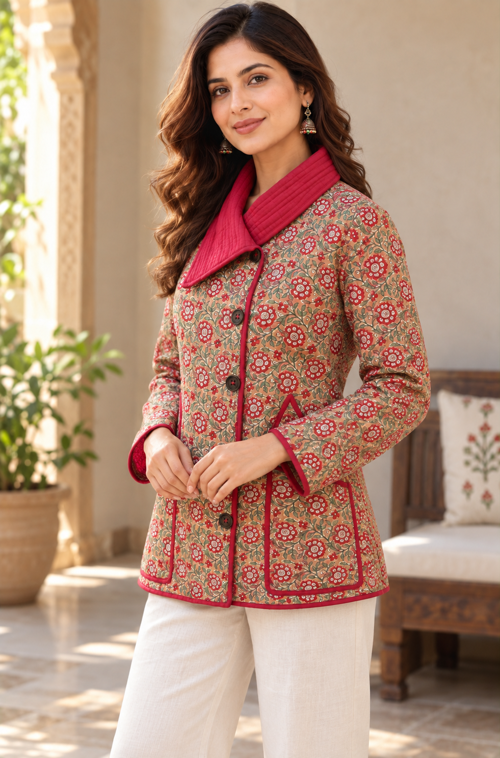 Rust Bloom Quilted Floral Jacket-NVQJ670