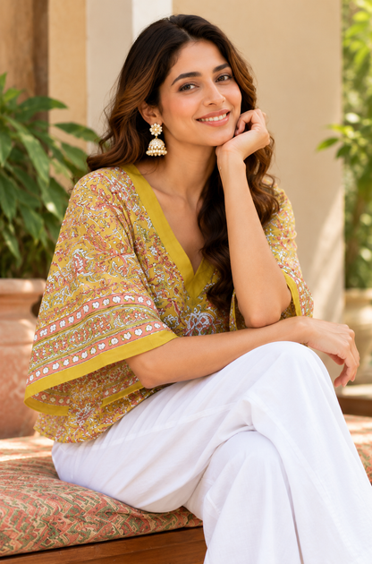 YELLOW COTTON MULMUL FLORAL SHORT KAFTAN
