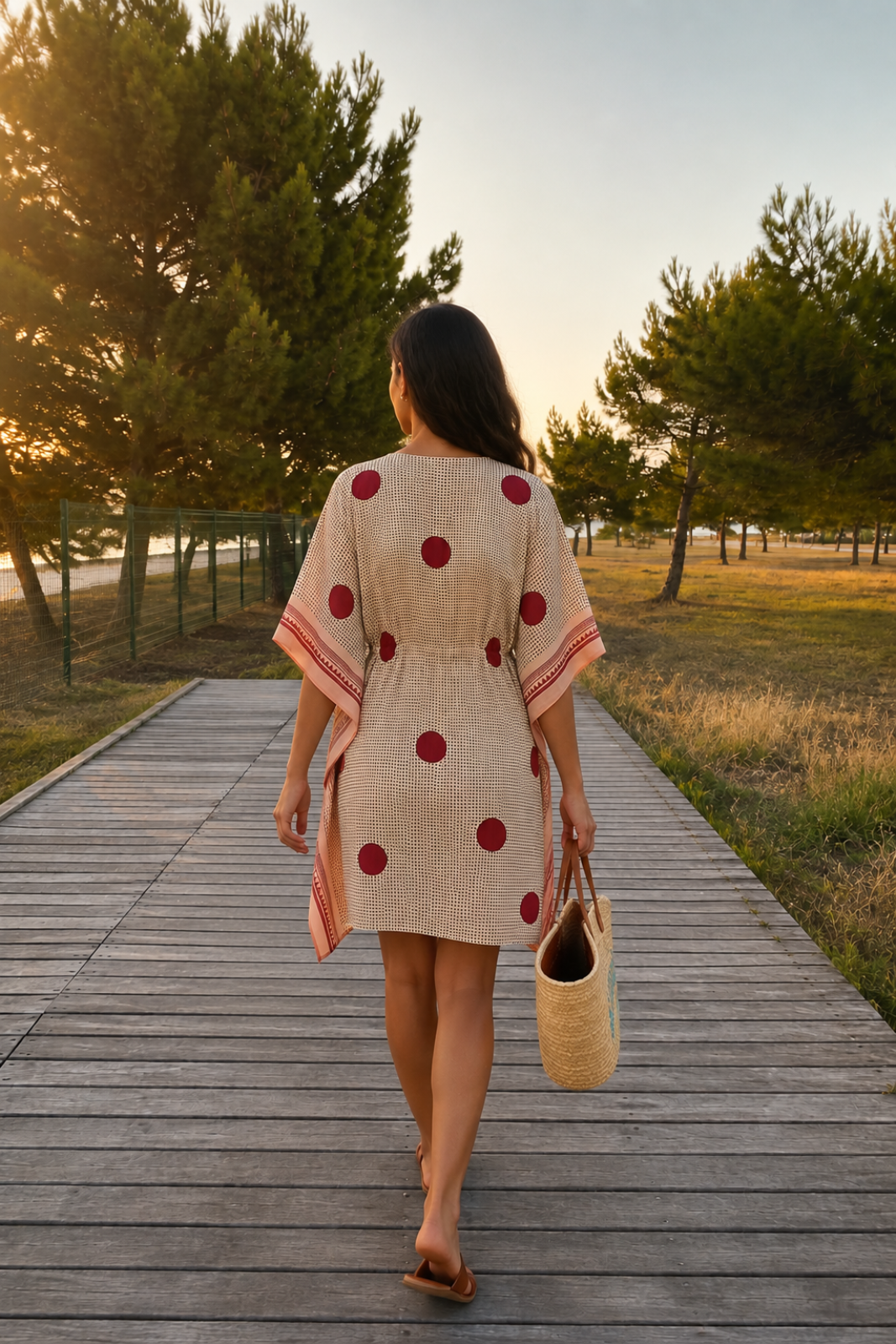 BEIGE RED POLKA DOT COTTON KAFTAN TOP