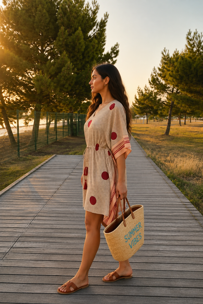 BEIGE RED POLKA DOT COTTON KAFTAN TOP