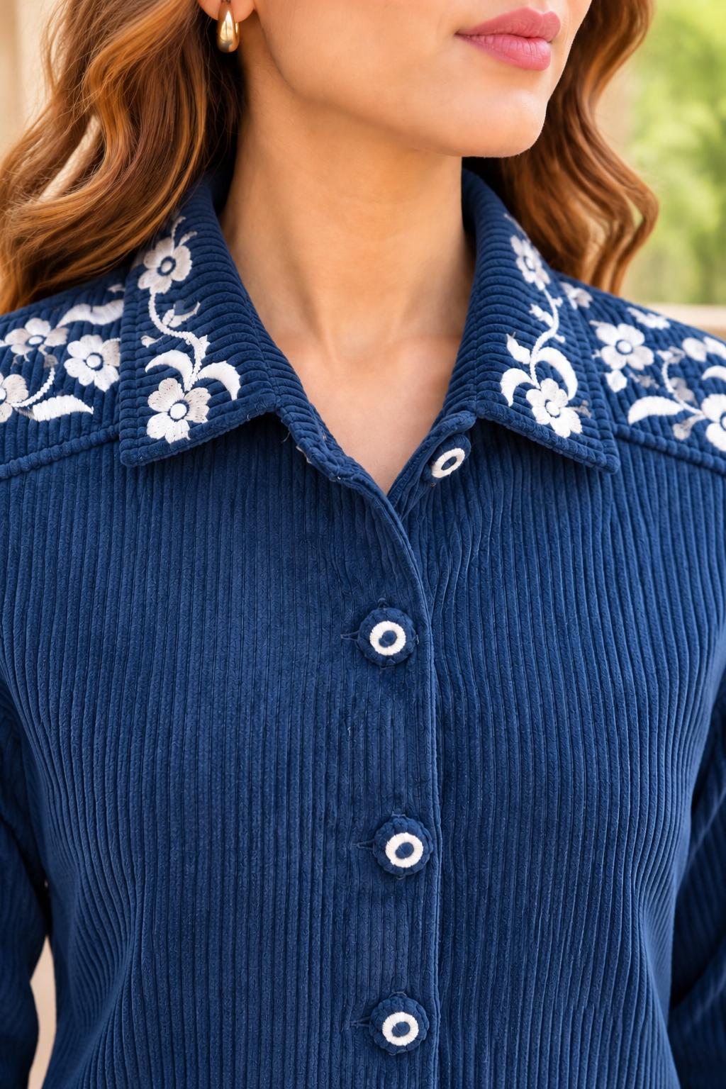 Blue Floral Embroidered Corduroy Jacket-NVQJ685