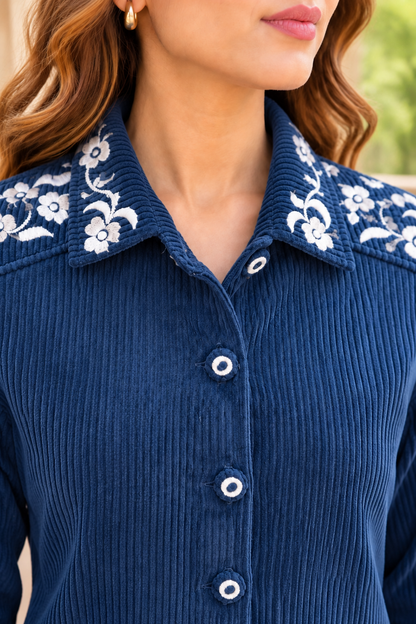 Blue Floral Embroidered Corduroy Jacket-NVQJ685