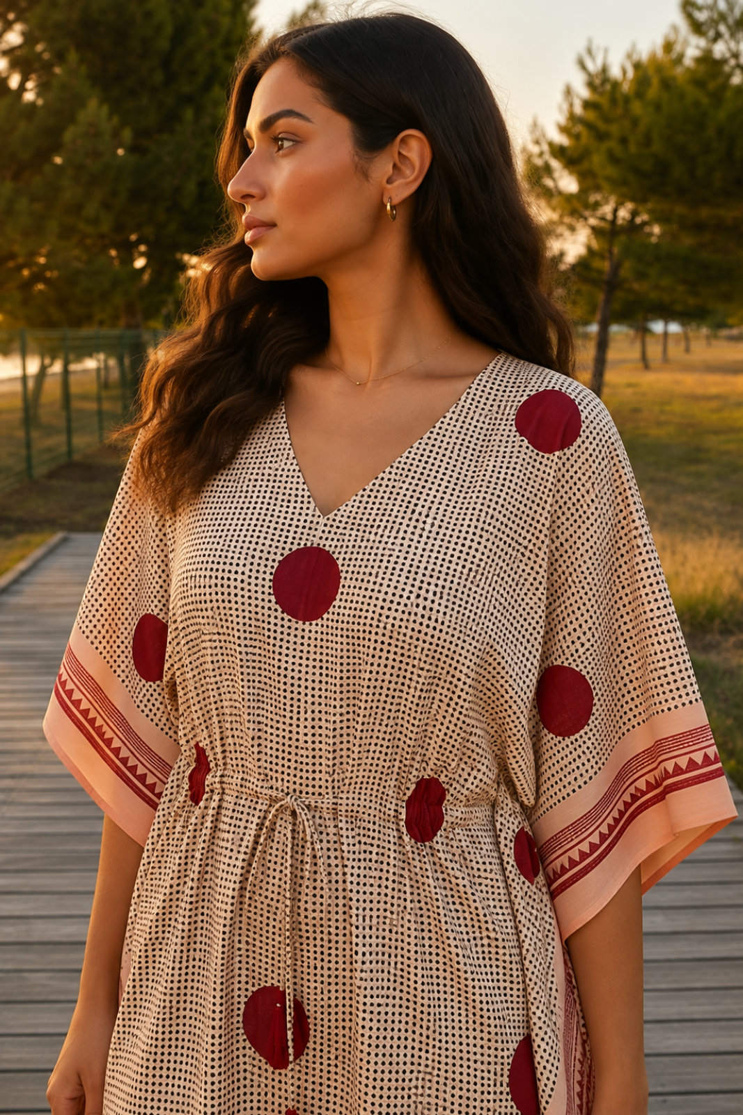 BEIGE RED POLKA DOT COTTON KAFTAN TOP