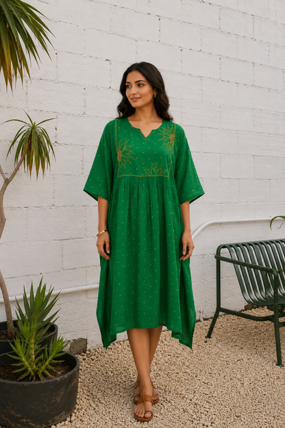 GREEN EMBROIDERED COTTON  KAFTAN