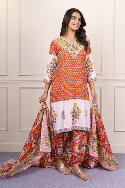 Orange White Kurta Dupatta Set-KS822