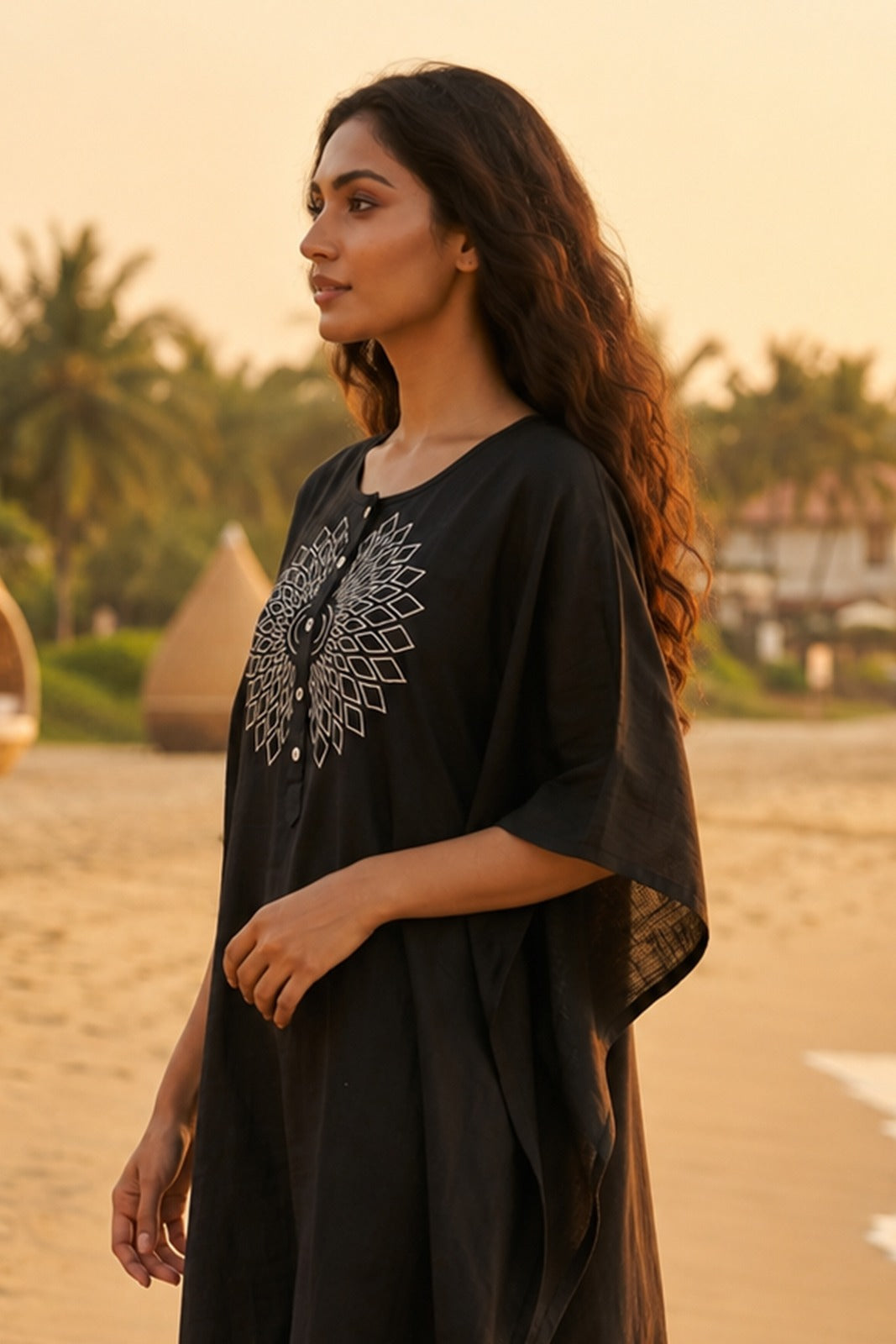 BLACK EMBROIDERED COTTON  KAFTAN - NVK582