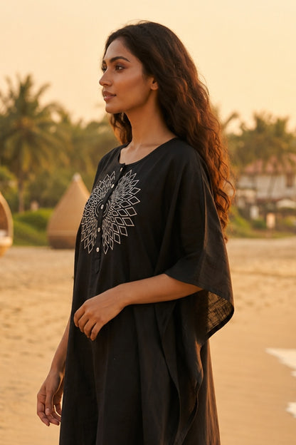 BLACK EMBROIDERED COTTON  KAFTAN - NVK582