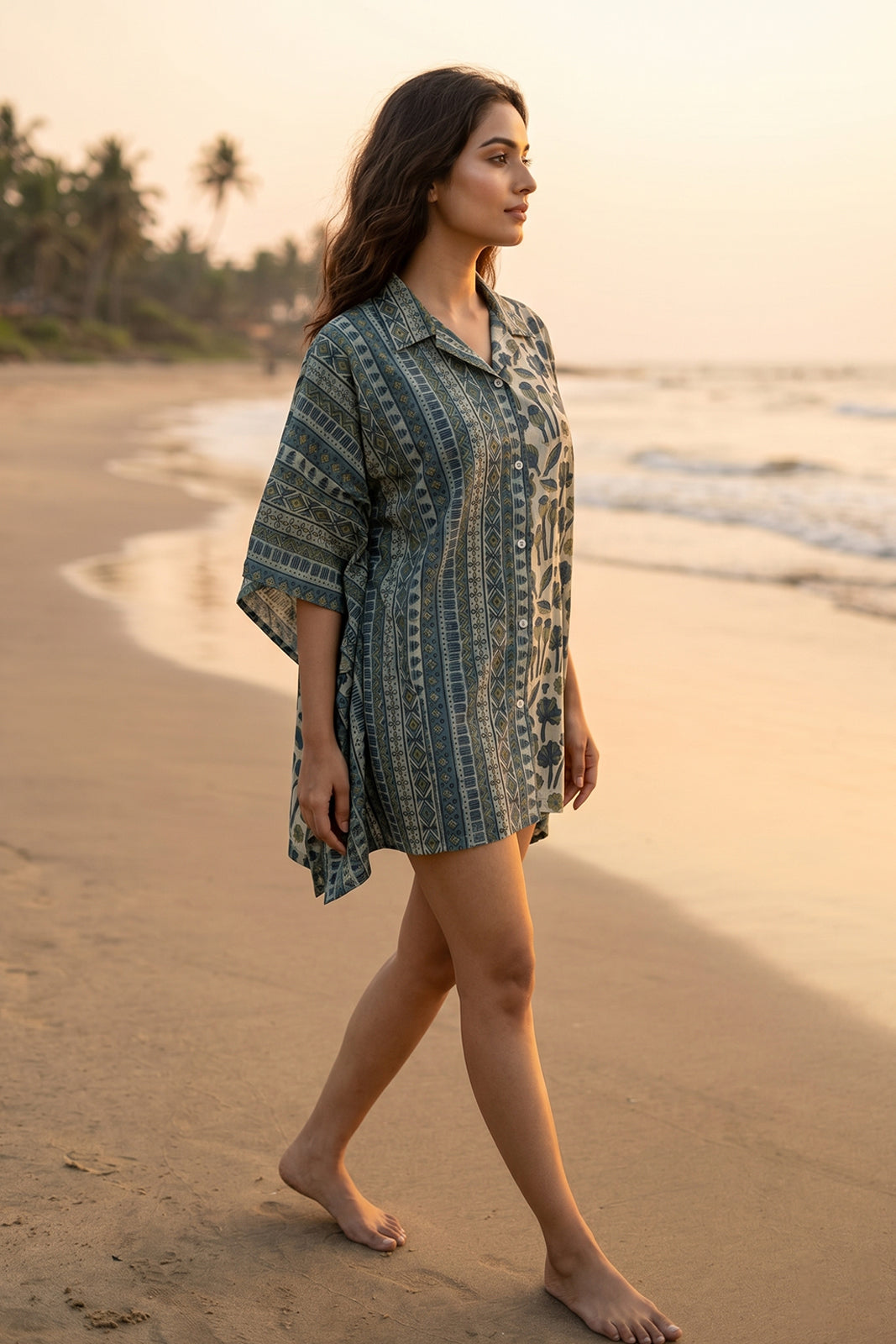 GREEN FLORAL BLOCK PRINT COTTON KAFTAN TOP - NVK579