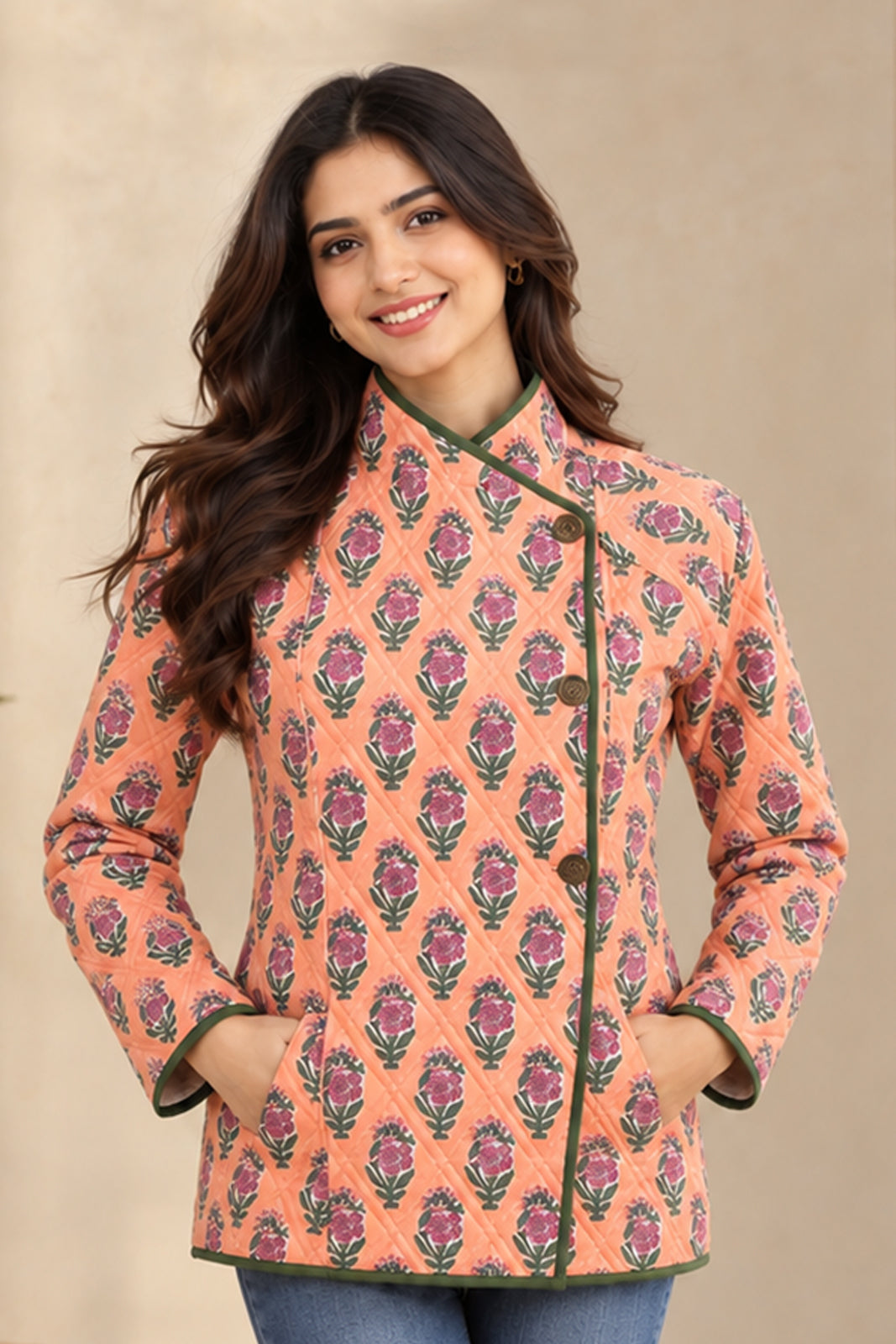 PEACH BLOOM HAND BLOCK PRINTED QUILTED COTTON JACKET-NVQJ671