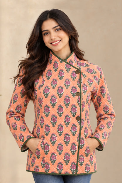 PEACH BLOOM HAND BLOCK PRINTED QUILTED COTTON JACKET-NVQJ671