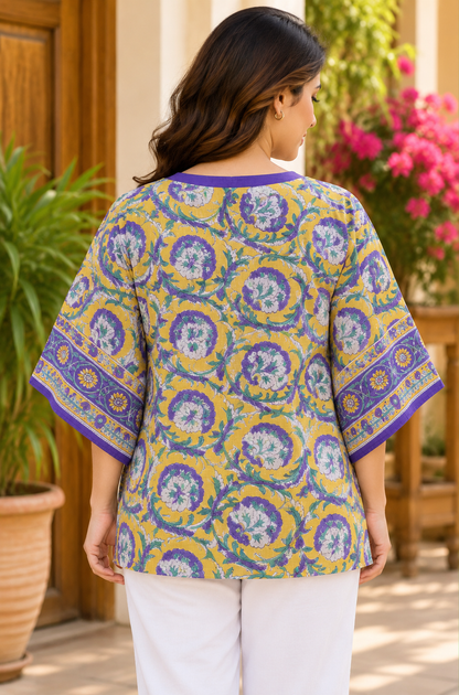 YELLOW PURPLE COTTON MULMUL SHORT KAFTAN