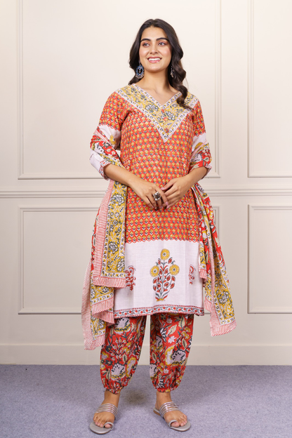 Orange White Kurta Dupatta Set-KS822