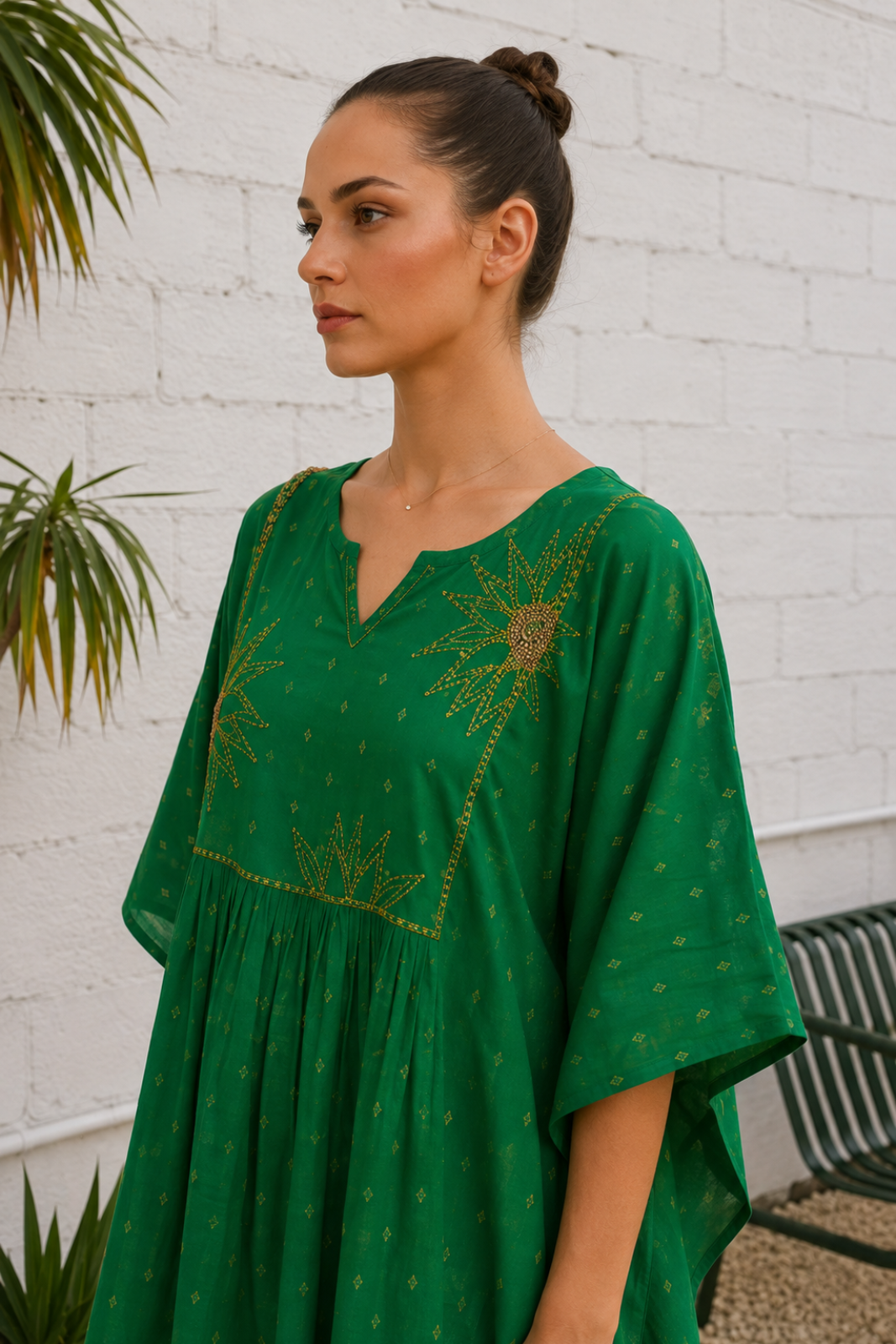 GREEN EMBROIDERED COTTON  KAFTAN