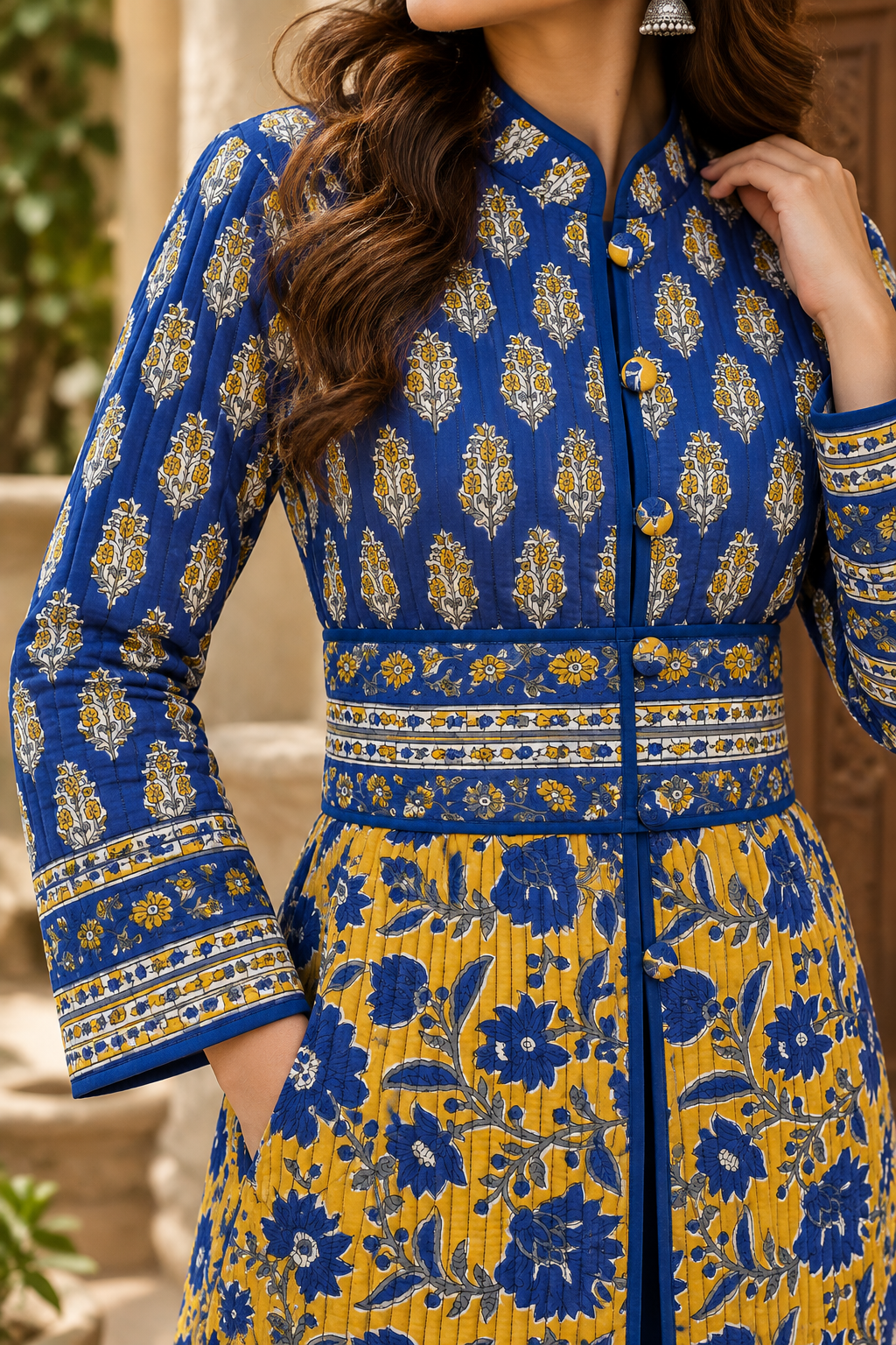 Royal Blue & Yellow Hand Block Printed Belted Jacket-NVQJ679