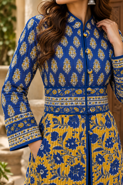 Royal Blue & Yellow Hand Block Printed Belted Jacket-NVQJ679