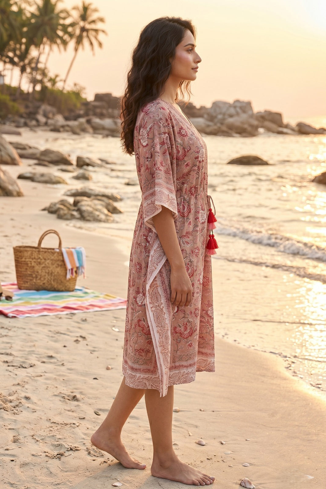 Brown Block Print Floral Cotton  Kaftan - NVK573