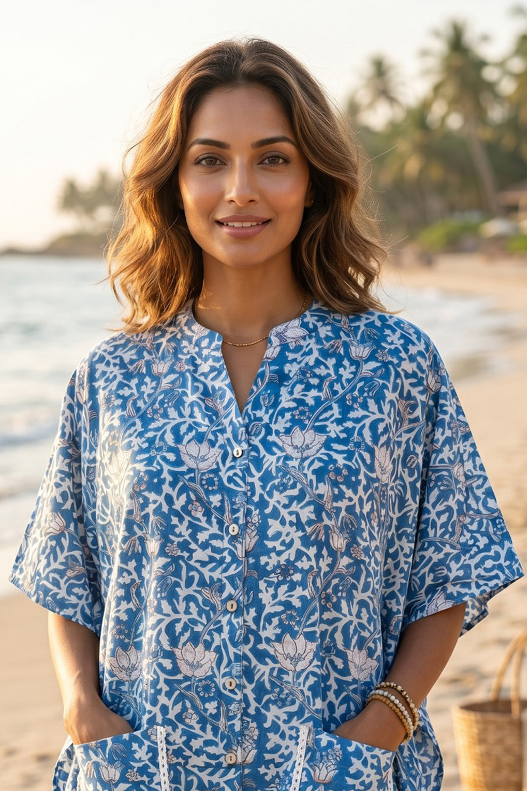 BLUE WHITE FLORAL BLOCK PRINT COTTON KAFTAN TOP - NVK580