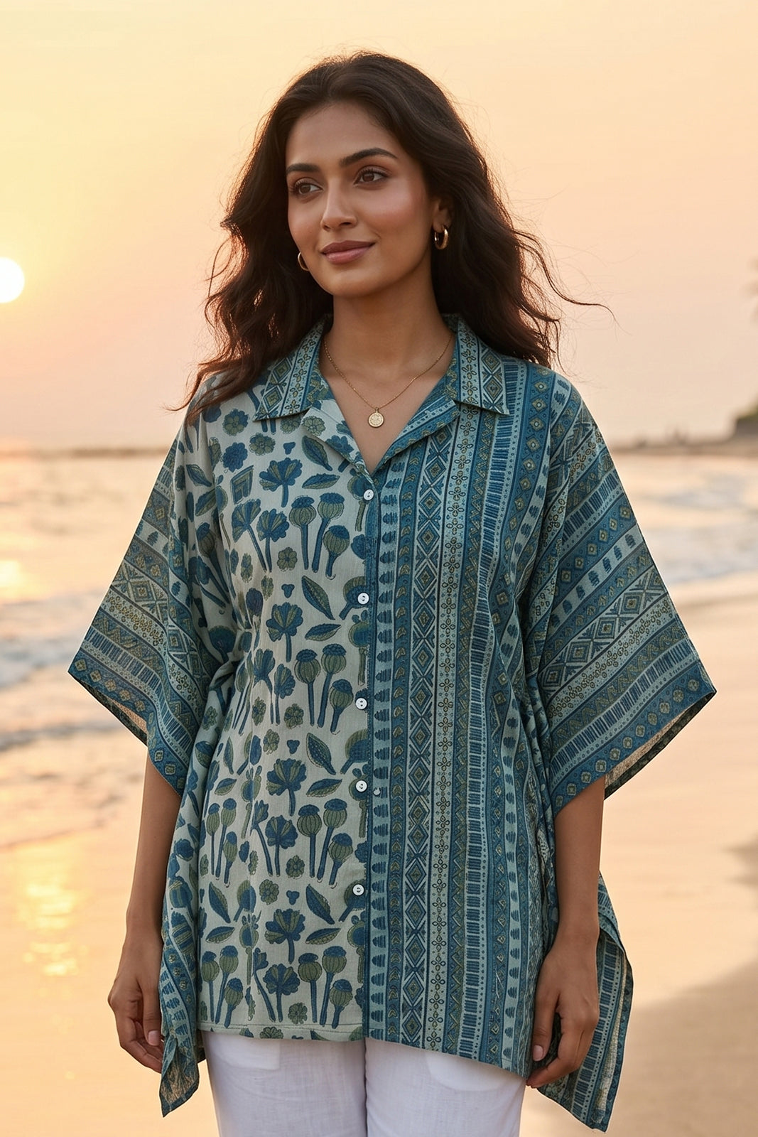 GREEN FLORAL BLOCK PRINT COTTON KAFTAN TOP - NVK579