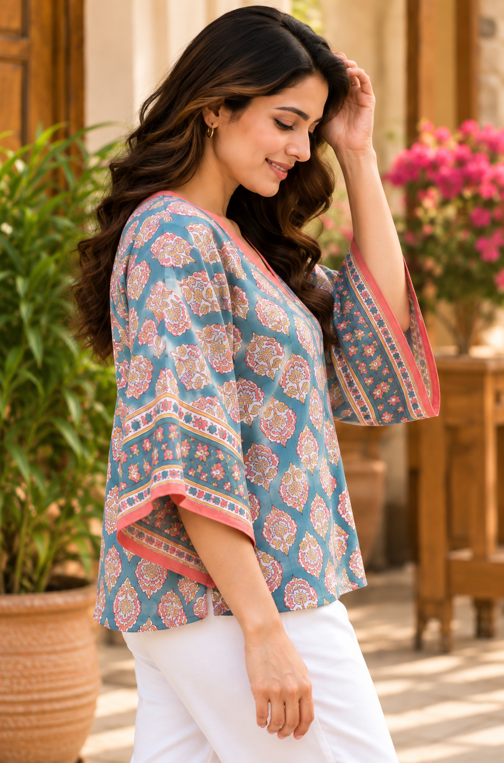 BLUE COTTON MULMUL FLORAL SHORT KAFTAN