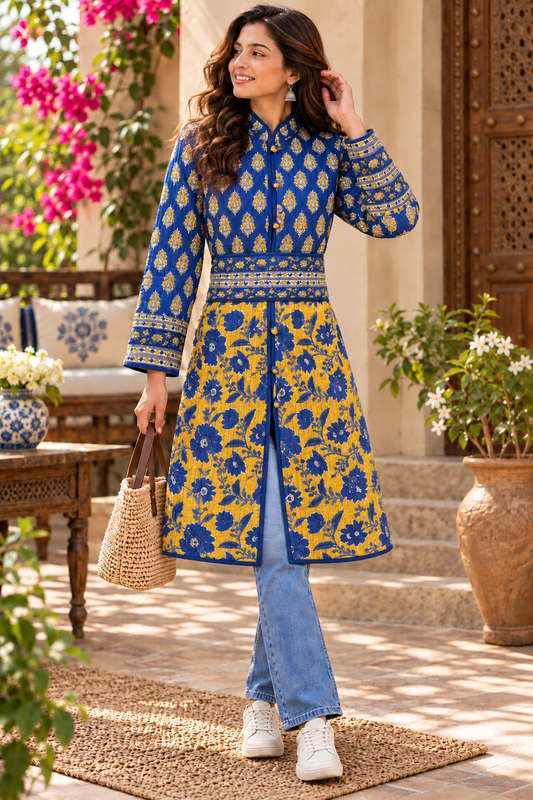 Royal Blue & Yellow Hand Block Printed Belted Jacket