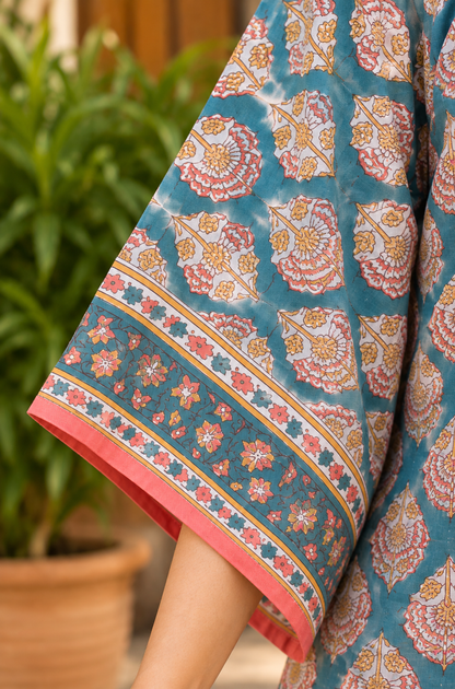 BLUE COTTON MULMUL FLORAL SHORT KAFTAN